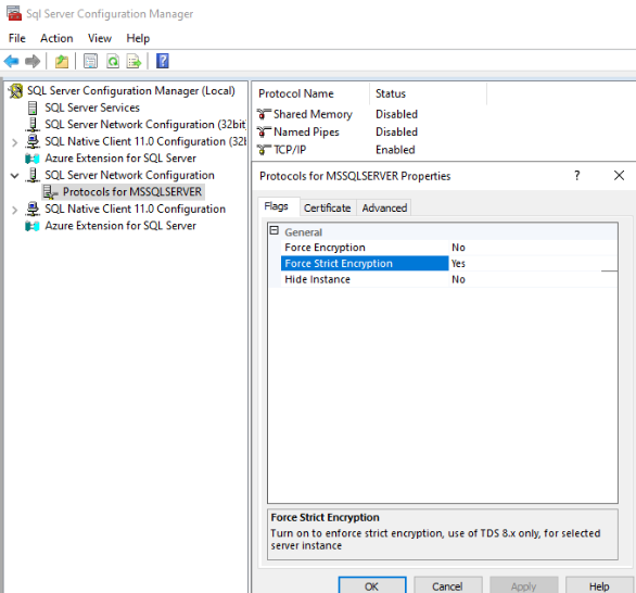 Schermopname van de optie Strikte versleuteling afdwingen in SQL Server Configuration Manager.