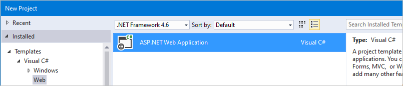 Schermopname van Visual Studio, waarin een nieuwe ASP.NET Lege website wordt gemarkeerd.