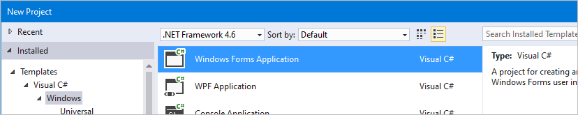 Schermopname van Visual Studio, waarin een nieuwe Windows Forms-toepassing wordt gemarkeerd.