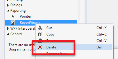 Schermopname van de Visual Studio-gereedschapskist, waarin Verwijderen wordt gemarkeerd bij de ReportViewer-besturing.