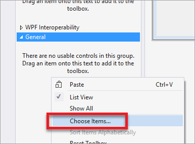Schermopname van de Visual Studio-werkset met de optie Items kiezen gemarkeerd.
