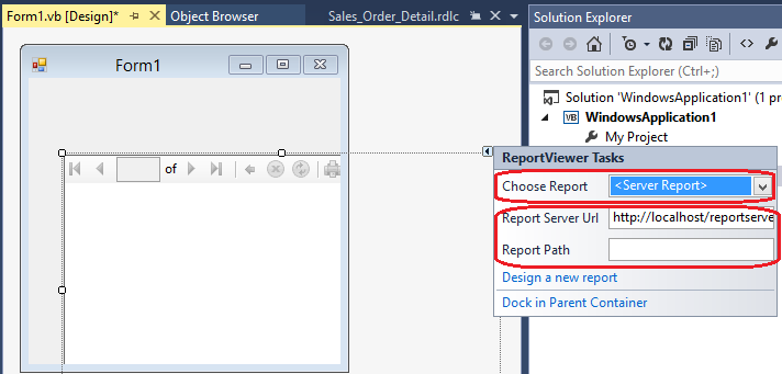 Screenshot van de Smarttag van ReportViewer Tasks, met het serverrapport te markeren.