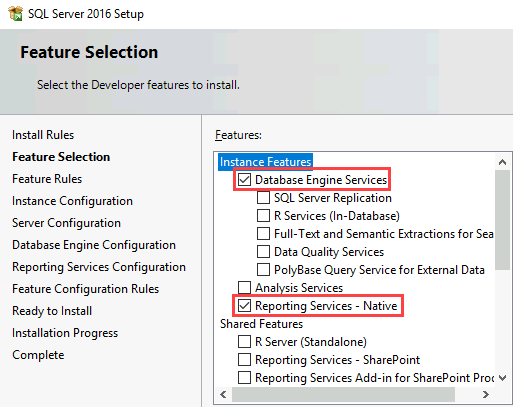 Schermopname van de pagina Functieselectie in de installatiewizard. Database Engine Services en Reporting Services - Systeemeigen zijn gemarkeerd.
