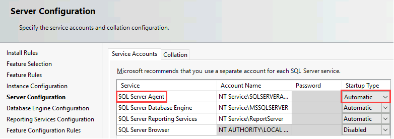 Schermopname van de pagina Serverconfiguratie. In een tabel zijn de SQL Server Agent-service en het opstarttype Automatisch gemarkeerd.