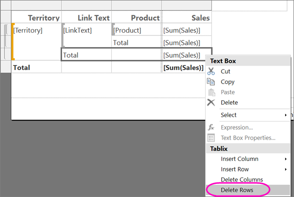 Schermafbeelding waarin wordt getoond hoe u rijen verwijdert uit een Report Builder report.