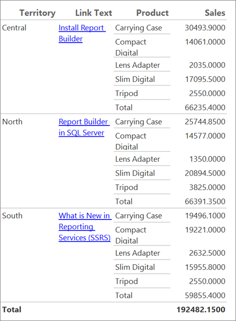 Schermafbeelding met hyperlinktekst in het Report Builder report.