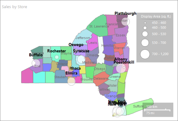 Schermafbeelding met een voorbeeld van de Report Builder-kaart met de stadsnamen in een vetgedrukt lettertype van 10 punten.