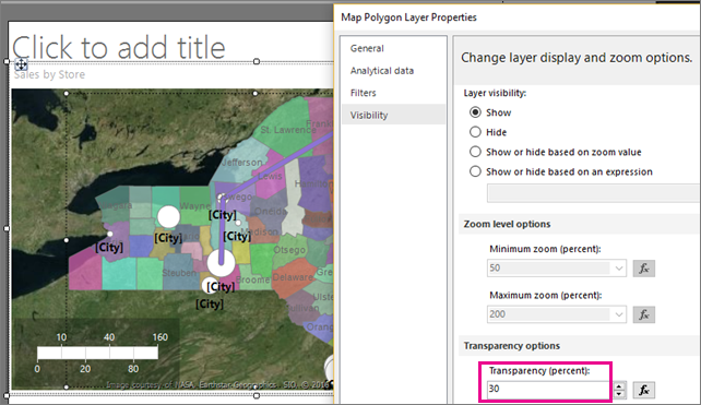 Schermafbeelding waarin wordt getoond hoe u de transparantie van een laag in de kaart van Report Builder instelt.
