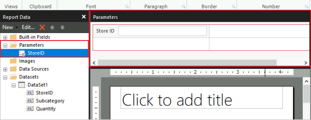 Schermopname van het knooppunt Parameters in het deelvenster Rapportgegevens en het deelvenster Parameters op het ontwerpoppervlak.