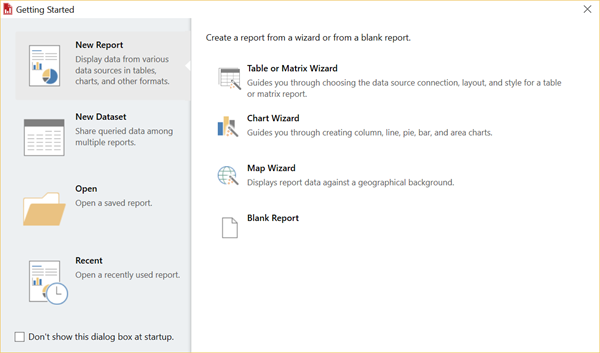 Schermopname van het dialoogvenster 'Aan de slag' in Report Builder.