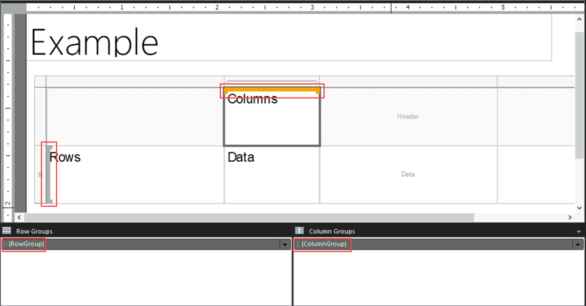 Schermopname van een matrix in Report Builder waarin rij- en kolomgroepen worden gemarkeerd.