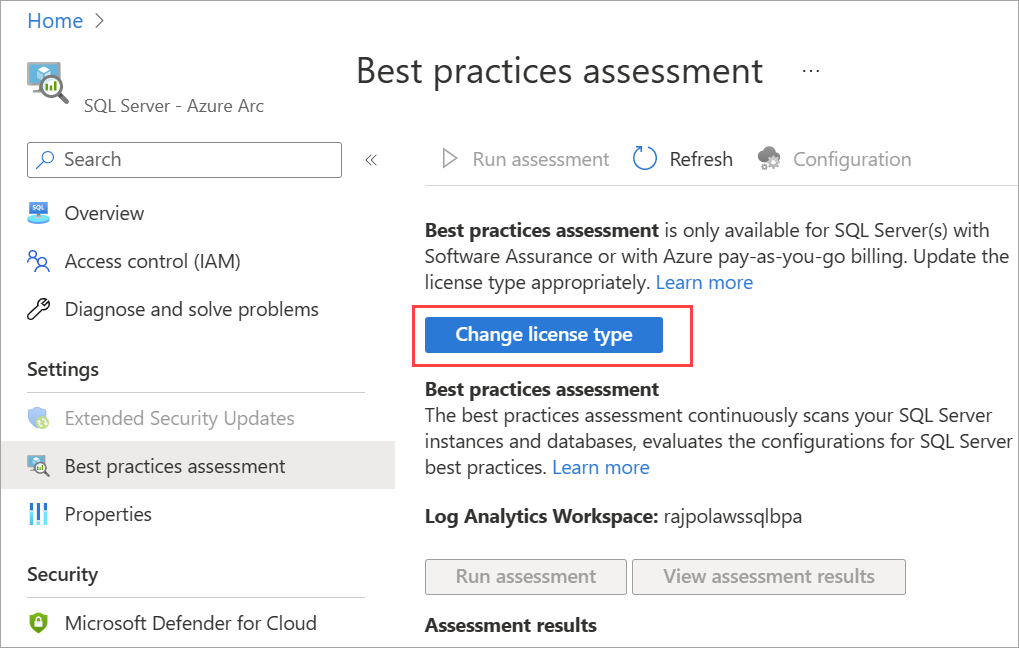 schermopname van de knop voor het wijzigen van het licentietype in Azure Portal.