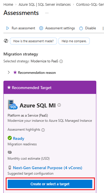 Schermafbeelding met het deelvenster Evaluaties in de Azure-portal, met Doel maken gemarkeerd.