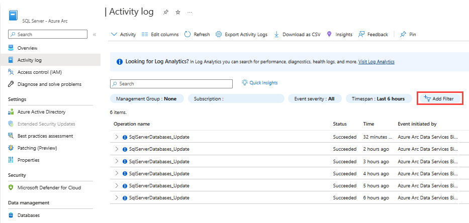 Schermopname van een Azure Arc-ingeschakelde SQL Server activiteitenlogboek en de knop voor het toevoegen van een filter.