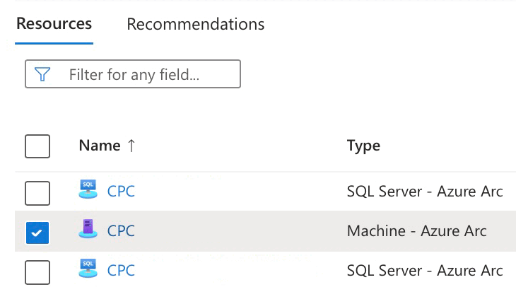 Schermopname van een lijst met resources met Azure Arc in de portal.
