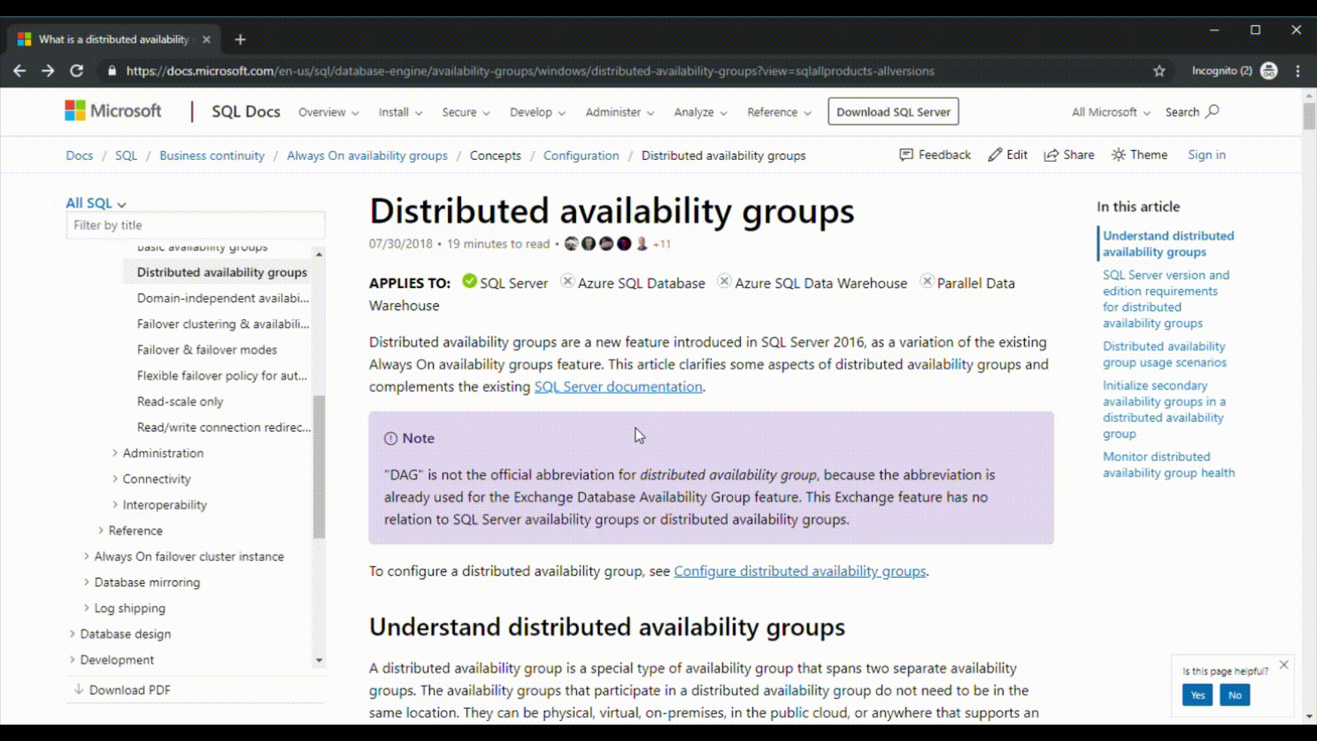 Schermafbeelding van de breadcrumbs van SQL Docs.