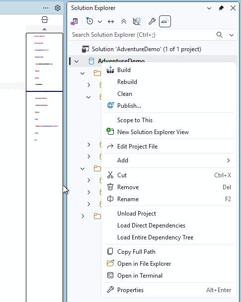Schermopname van Solution Explorer in SQL Server Management Studio met de optie Build beschikbaar.