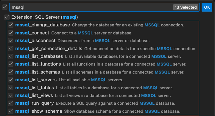 Schermopname van een lijst met SQL-specifieke hulpprogramma's die zijn bijgedragen door de MSSQL-extensie in de Copilot-agentmodus.
