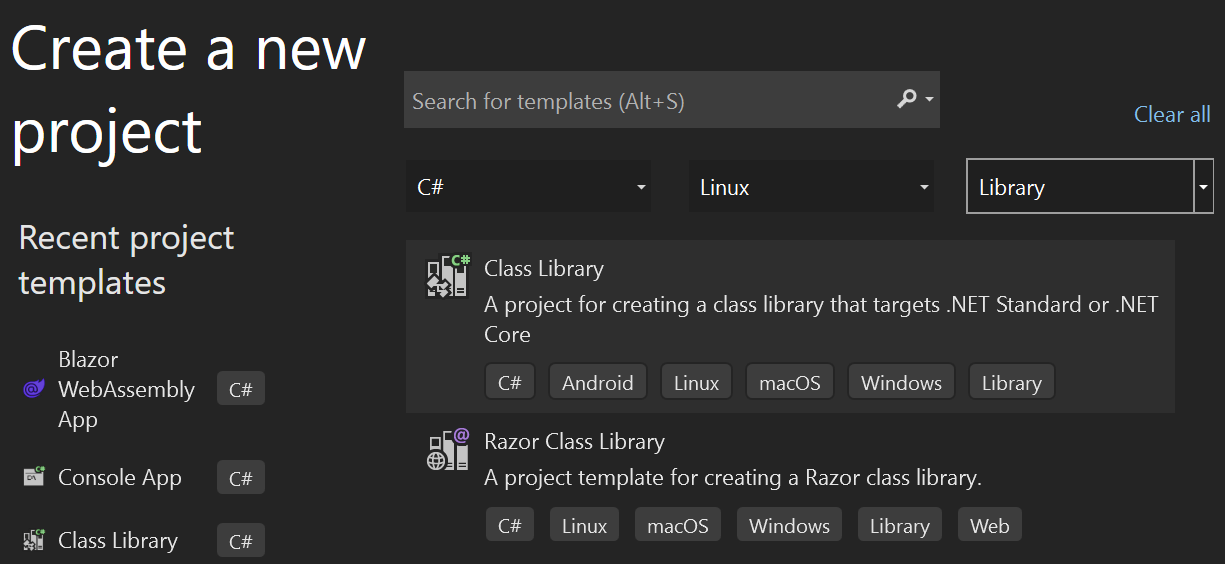 Schermopname van het deelvenster 'Een nieuw project maken' met Razor-onderdeelbibliotheeksjabloonkoppelingen in Visual Studio.
