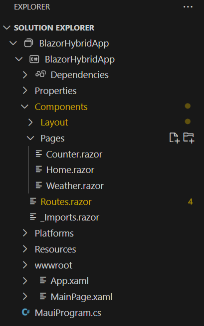 Schermopname van Visual Studio Code Solution Explorer met een lijst met de bestanden in een standaard .NET MAUI Blazor-project.