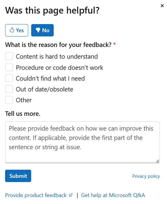 Schermopname van een leeg GitHub-formulier met problemen om feedback te verzenden over een documentatieartikel.