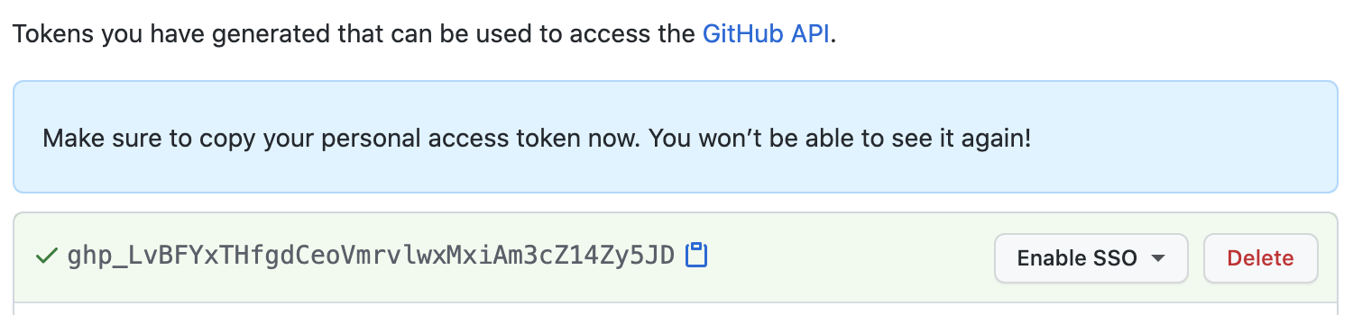 Schermopname met een voorbeeld van een persoonlijk GitHub-toegangstoken.