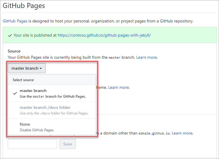 GitHub Pages inschakelen.