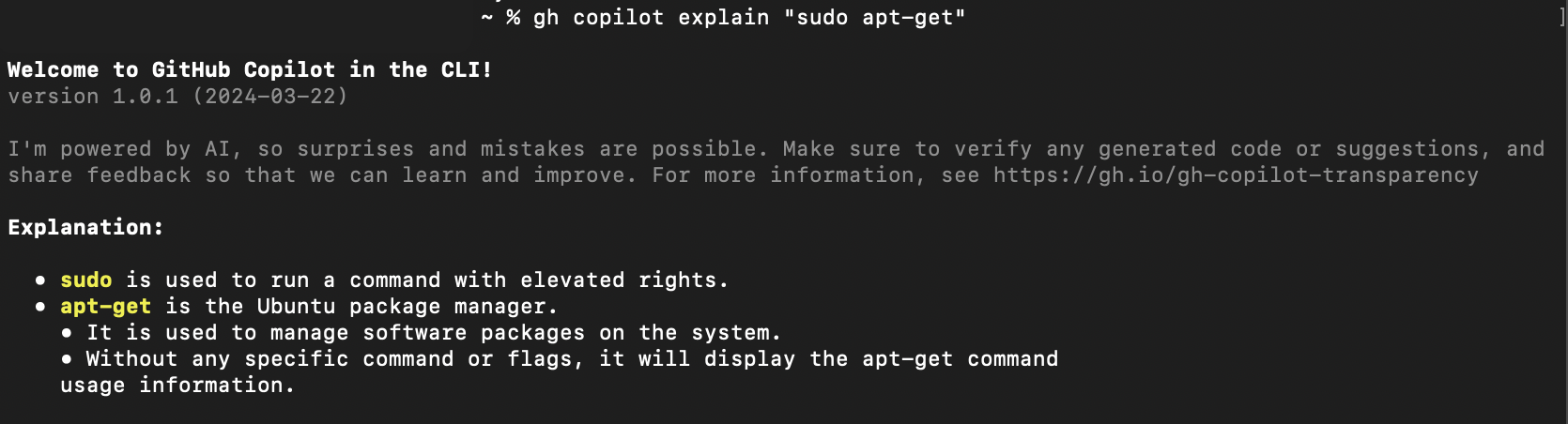 Schermopname van Copilot CLI waarin een opdracht in de interactieve modus wordt uitgelegd.