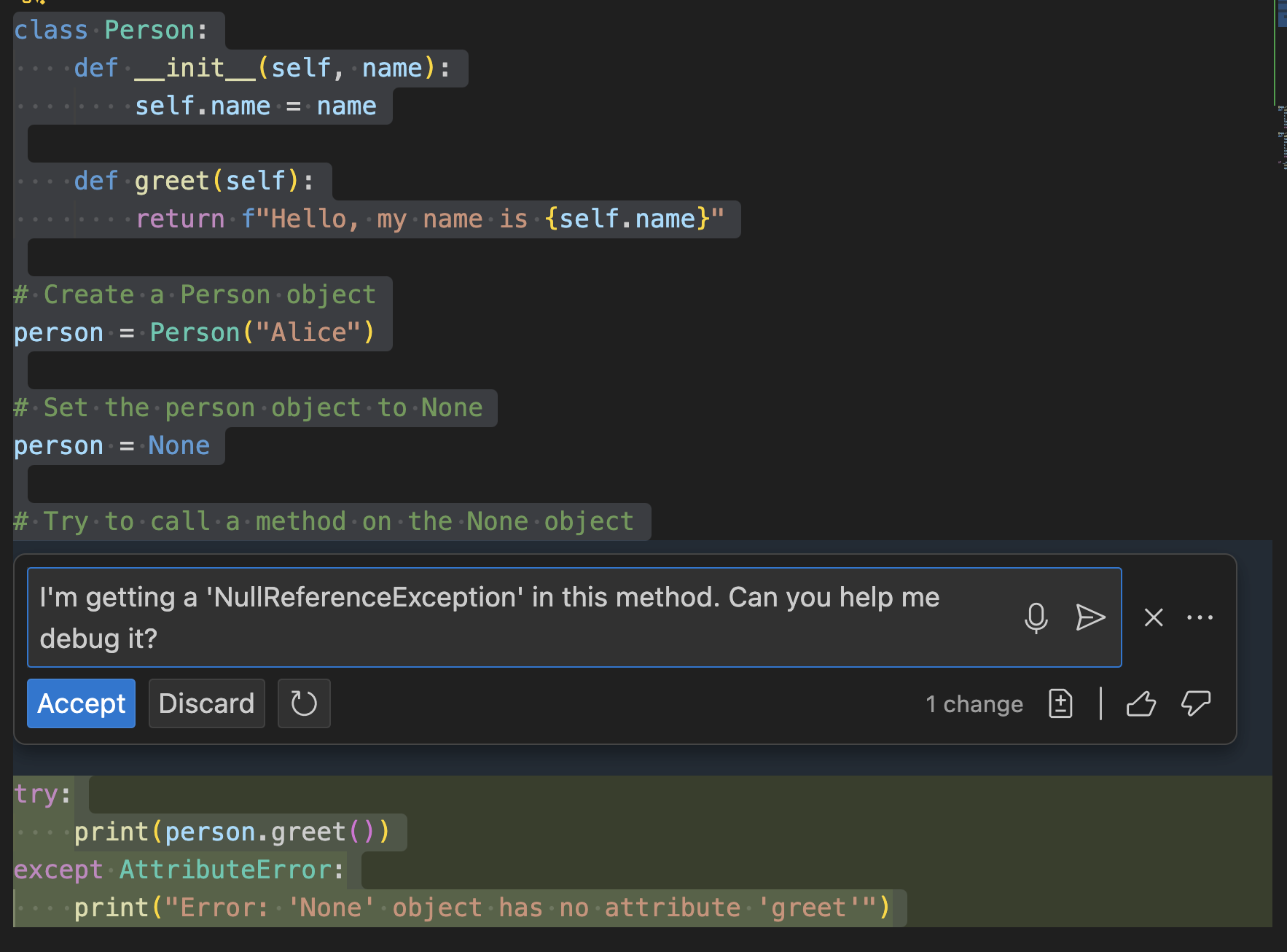 Schermopname van het genereren van foutopsporing voor codechats.