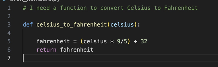 Schermopname van Copilot die een temperatuurconversiecode maakt op basis van een opmerking.