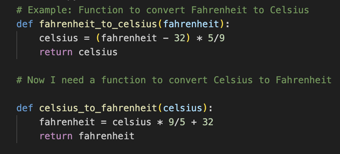 Schermopname van Copilot met behulp van een voorbeeld om vergelijkbare temperatuurconversiecode te maken.