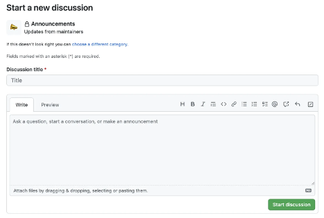 Een schermopname van het starten van een nieuwe discussiepagina met het vak Discussietitel en het inhoudsvak leeg.