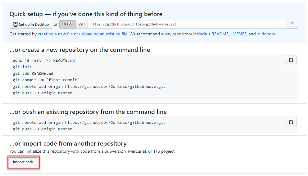 Schermopname van het importeren van code in een GitHub-opslagplaats.
