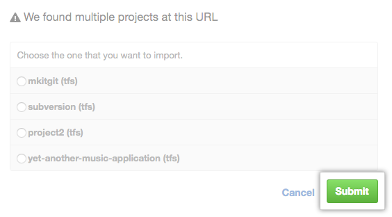 Schermopname van een selectie van projecten die op dezelfde URL zijn gevonden; projectimportfunctie.
