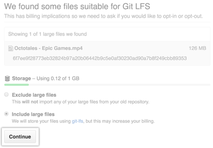 Schermopname van bestanden die geschikt zijn voor Git Large File Storage-import.