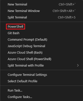 Schermopname van het Visual Studio Code-terminalvenster met de selectie van de shell in de vervolgkeuzelijst.