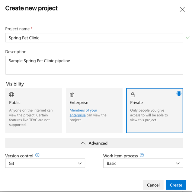 Schermopname van het nieuwe Azure Project-formulier.