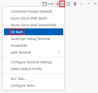 Schermopname van het Visual Studio Code-terminalvenster, met de vervolgkeuzelijst terminalshell weergegeven en Git Bash Default geselecteerd.