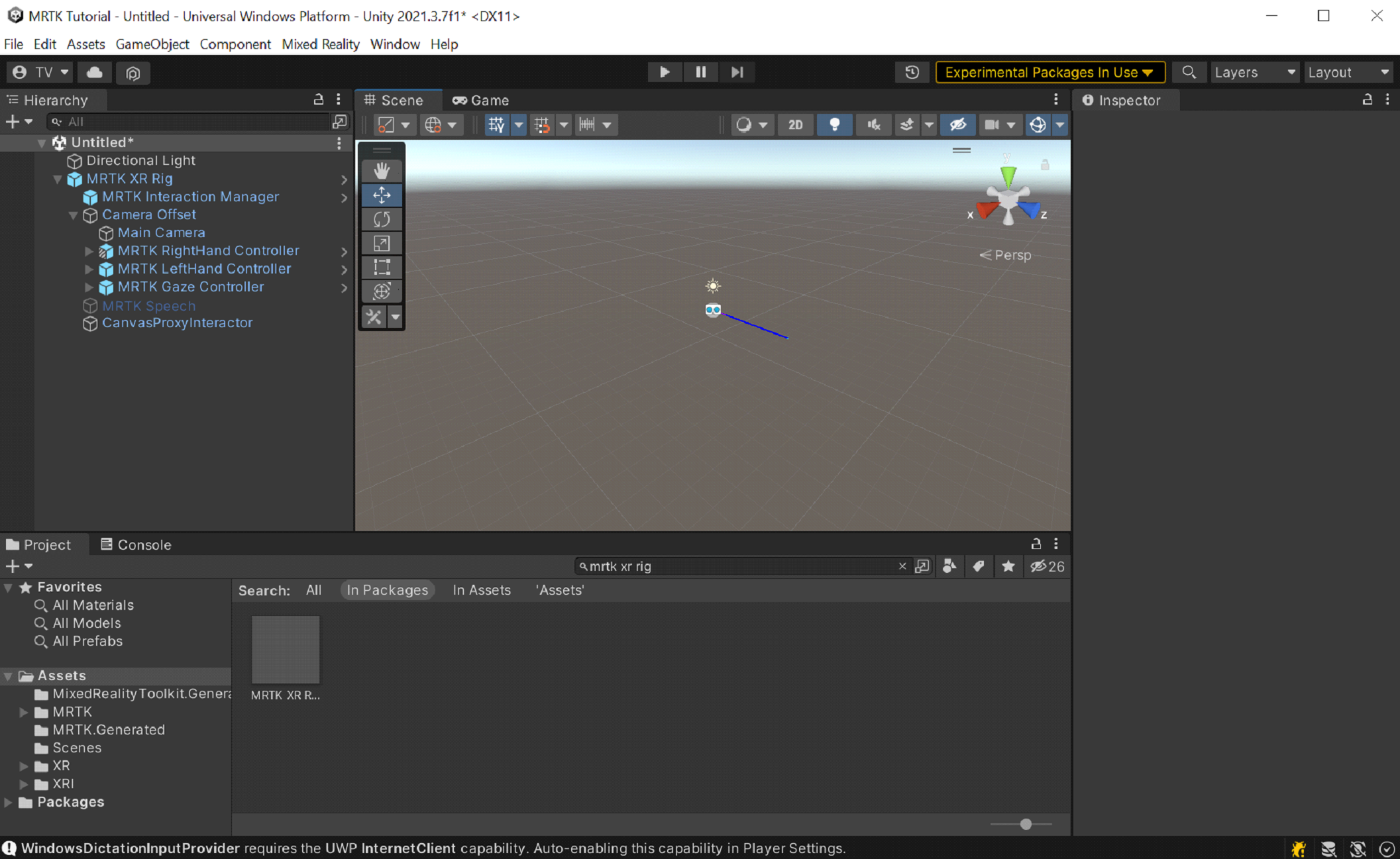 Schermopname van de Mixed Reality Toolkit in de Inspector.