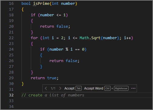 Schermafbeelding van Visual Studio Code editor met een suggestie voor geesttekst waarmee een opmerking wordt voltooid voor '// een lijst met getallen maken'.