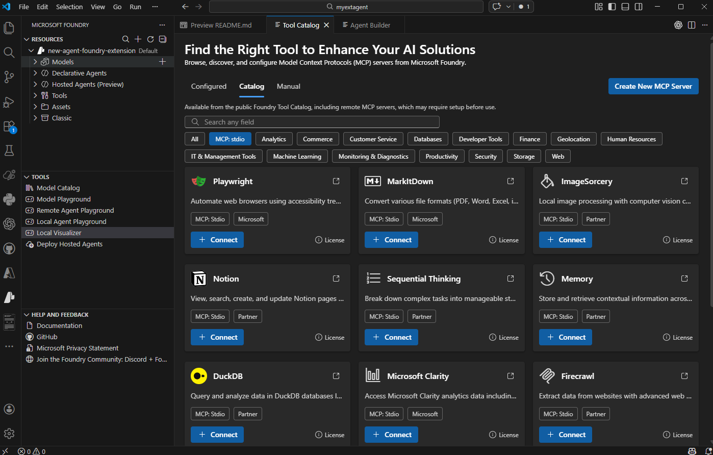 Schermopname van de interface voor de hulpprogrammacatalogus in de Microsoft Foundry VS Code-extensie.