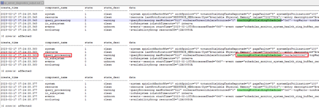 Schermopname van sp_server_diagnostics uitvoer is samengevoegd.