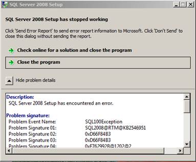 Schermopname van het foutbericht: DE installatie van SQL Server 2008 werkt niet meer.