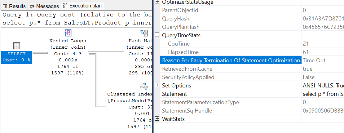 Schermopname van de time-out van de optimizer in het queryplan in SSMS.