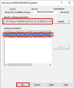 Schermopname van het tabblad Opstartparameters van het dialoogvenster EIGENSCHAPPEN van SQL Server (MSSQLSERVER).