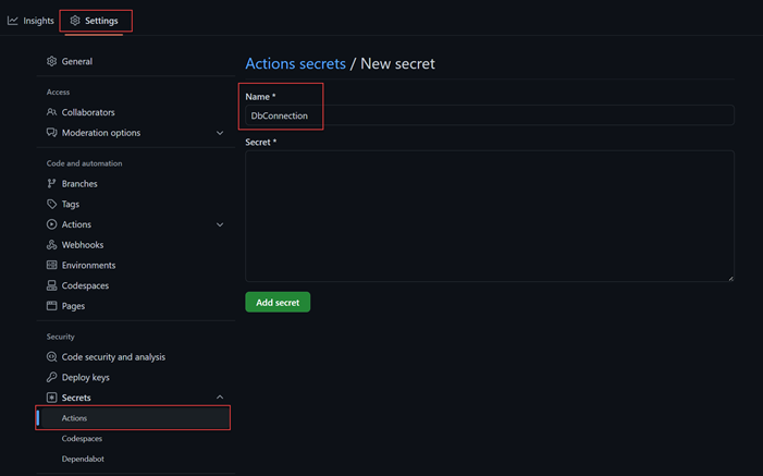 Een schermopname die laat zien hoe u een GitHub-geheim maakt.