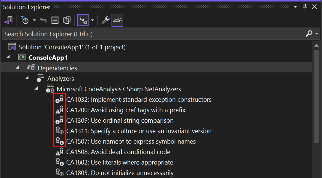 Schermopname van pictogrammen die de ernst aanduiden voor analyserdiagnostiek in Solution Explorer.