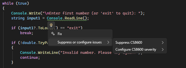 Schermopname die laat zien hoe u de ernst van de regel configureert vanuit het gloeilampmenu in Visual Studio.