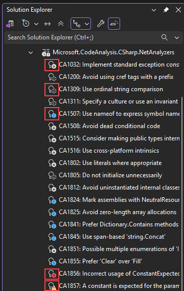 Schermopname van pictogrammen die de ernst aanduiden voor analyserdiagnostiek in Solution Explorer.