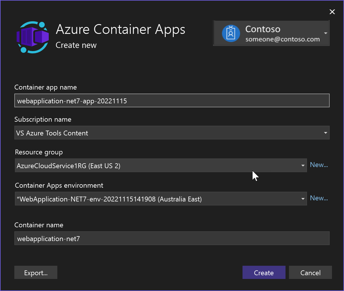 Schermopname van het maken van een nieuwe Azure Container App.